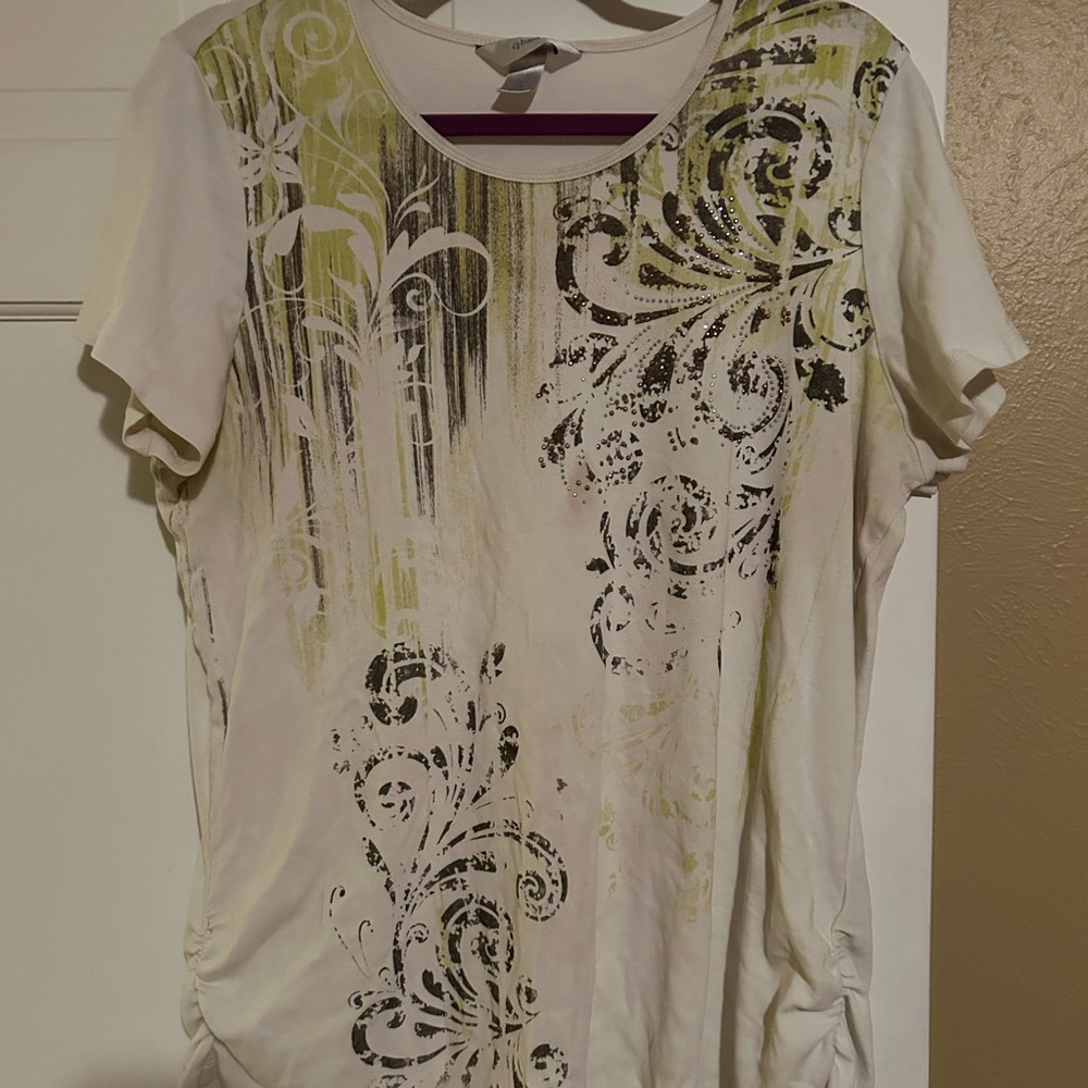 CJ Banks Artistic Print White and Green Tee
